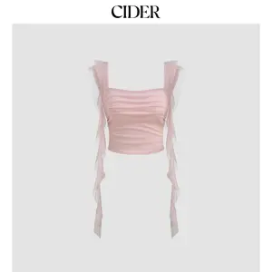 Cider Women's Solid Mesh Crop Tank Top - 0-10 Size, Square Neck, Ruched Details, Ruffle Hem