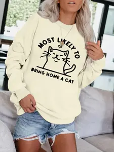 Women's Cute Cat Pattern Fitted Pullover Sweater, Soft Long Sleeve Round Neck Sweatshirt, Casual Daily Wear, Durable Fabric