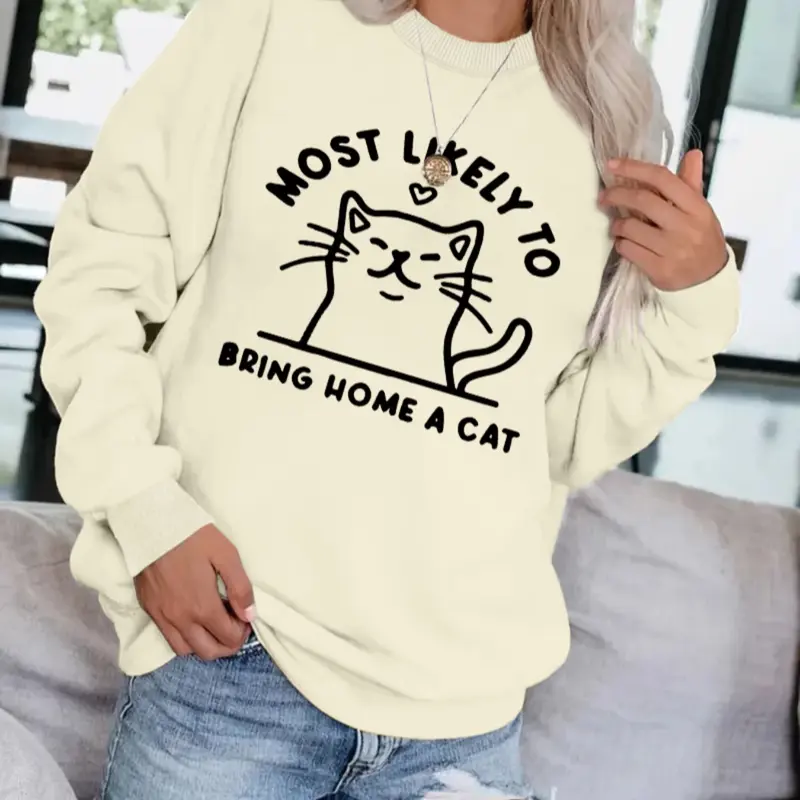 Women's Cute Cat Pattern Fitted Pullover Sweater, Soft Long Sleeve Round Neck Sweatshirt, Cute Animal Sweatshirt, Casual Daily Wear, Durable Fabric