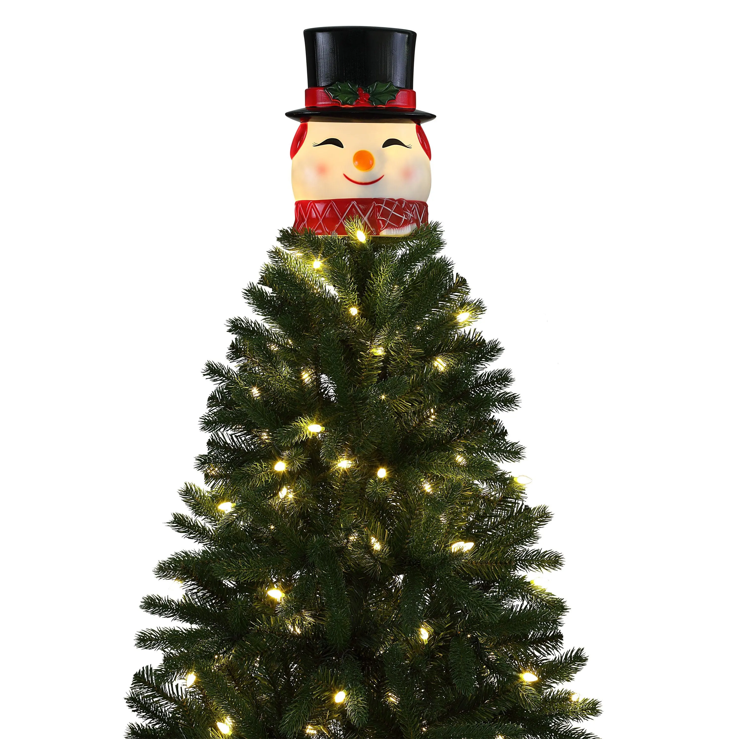 12" Tall Blow Mold Lit Snowman Tree Topper, 3 x AA Powered, 4.0" Deep, 8.7" Wide, with Timer - Festive Home Decoration