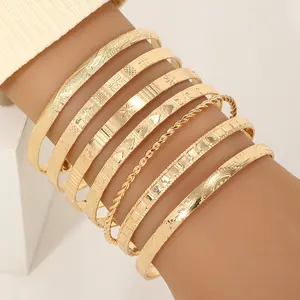 [7-Piece Set] Striped Geometric Pattern Hexagonal Twisted Open Bracelet, Women's 7-Piece Jewelry Set, Commemorative Gift, Fashion Accessory