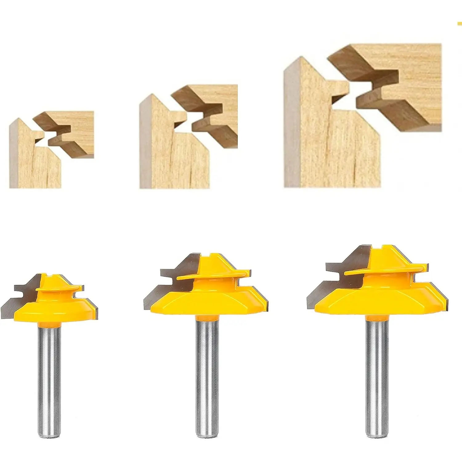 3Pcs Carbide Lock Miter Router Bit Set, 1/4-Inch Shank, 45-Degree Cutting for 1/2", 5/8", 3/4" Heights, Woodworking Tools for Particleboard, Hardwood, MDF Board