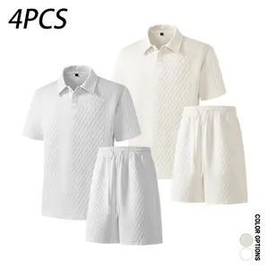 Multiple sets available; men’s casual polo short-sleeve T-shirt and shorts set featuring jacquard textured fabric; versatile everyday athletic loose fit—comfortable top and shorts set.