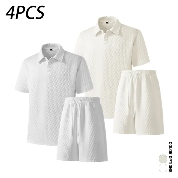 Multiple sets available; men’s casual polo short-sleeve T-shirt and shorts set featuring jacquard textured fabric; versatile everyday athletic loose fit—comfortable top and shorts set.