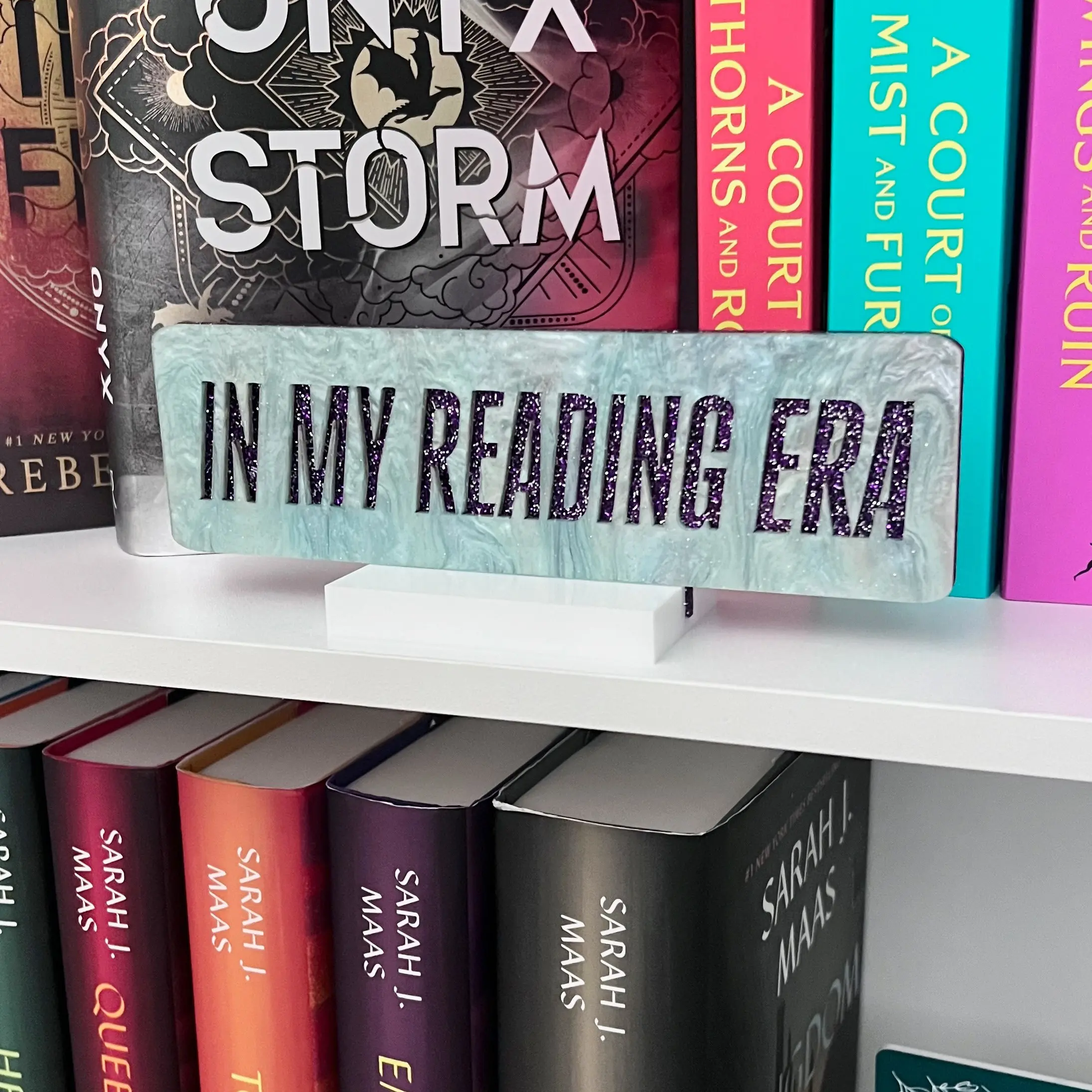 In My Reading Era Acrylic Bookshelf Sign 8" x 2.5" Laser Engraved White Base Decor for Book Lovers & Aesthetic Book Nook Decor Lightweight Gift