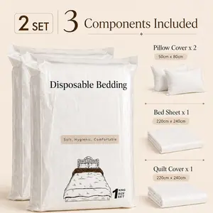 2 Set 4in1 Wrapped Disposable Bedding, Portable King Size Travel Bedding Set with Comforter Cover, Bed Sheet & 2 Pillowcases, Disposable Hotel Bedding for Business Trips, Travel, Camping & Emergency Use