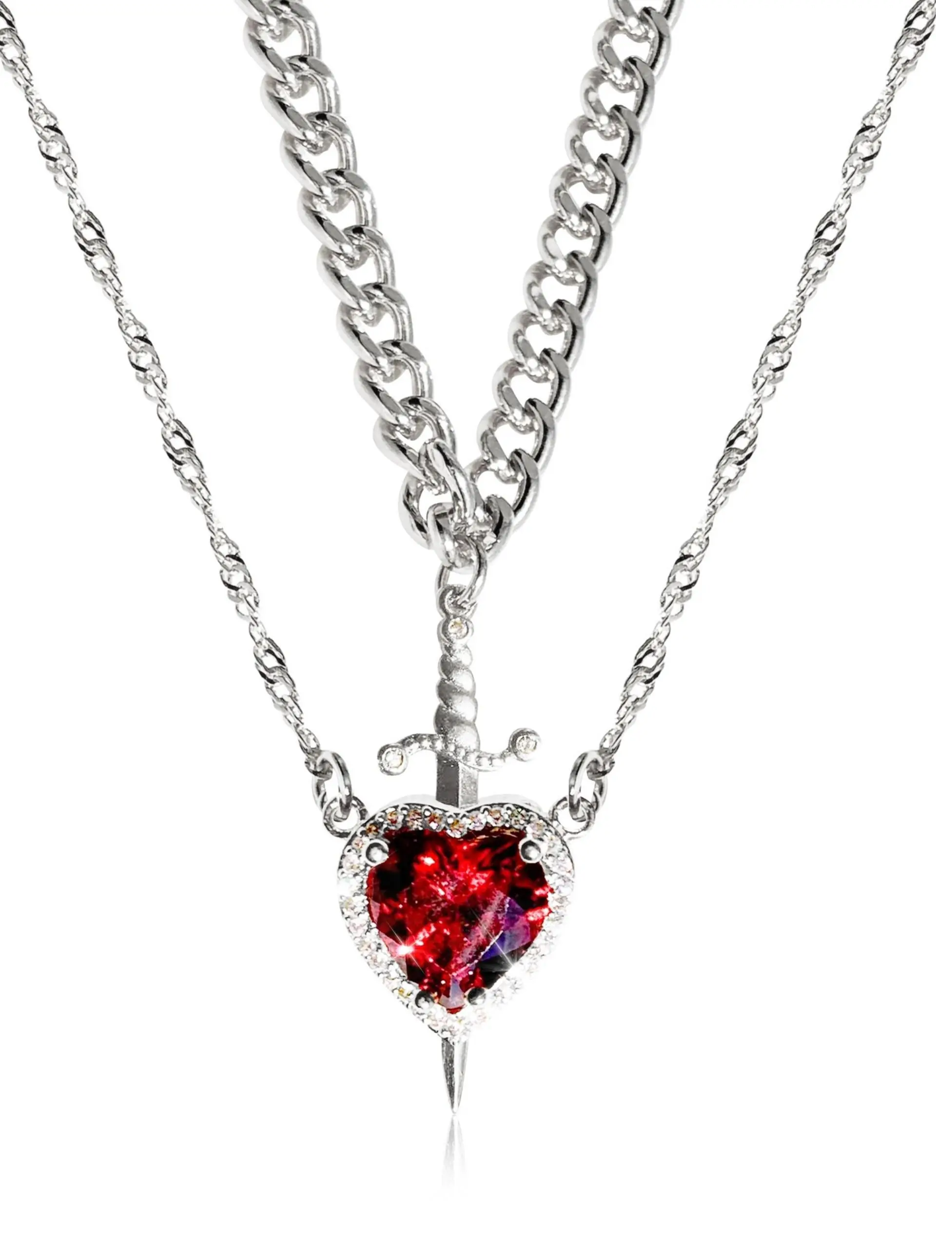 2-Piece Heart and Sword Pendant Necklace Set, Silver Color Zinc Alloy Chain, Synthetic Gemstones, Unisex Jewelry Gift