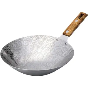 13 Inch Stainless Cooking Wok with Wooden Handle Hole Frying Pan for Home Stir Fry Pancakes Eggs
