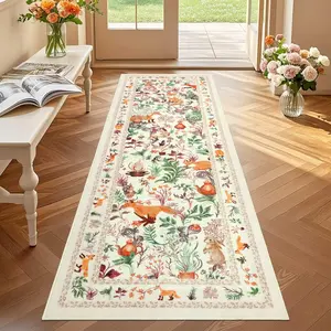 nerst  Runner Rugs for Hallway 2x6ft, Non Slip Fantasy Kitchen Rug Washable, Soft Thin Jungle Fox Bedside Runners, Cute Woodland Accent Floor Carpet for Bedroom Hall Bathroom Laundry (Beige)