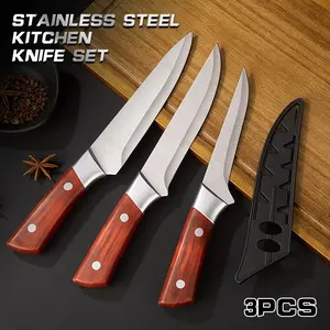 3PCS Stainless Steel Blade Kitchen Knife Set with Wooden Handle, Sharp Chef Knives for Meat, Fruit Cutting