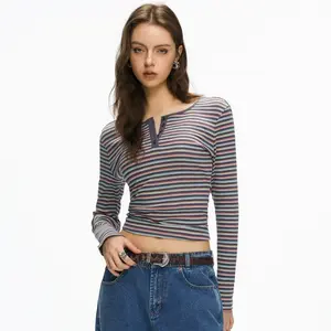 JCCC Womens Striped Long Sleeve Shirt Womens Scoop Neck Long Sleeve Top Double Layer Slimfit Fall Outfits Minimalist Comfort Basic Double layer Smoke Cloud Collection Womenswear TikTokShopHolidayHaul Blouses