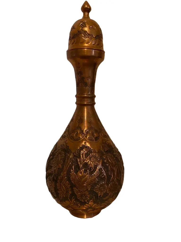 Persian Engraved Copper Handcrafted Vase, Ghalamzani. 11.5”