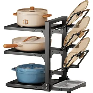 Multifunctional Adjustable Pot and Pan OrganizerRack,Floor Standing Pot Rack for Cabinet, Pot LidHolders with Drain Tray,Carbon Steel Cast lron PotRack