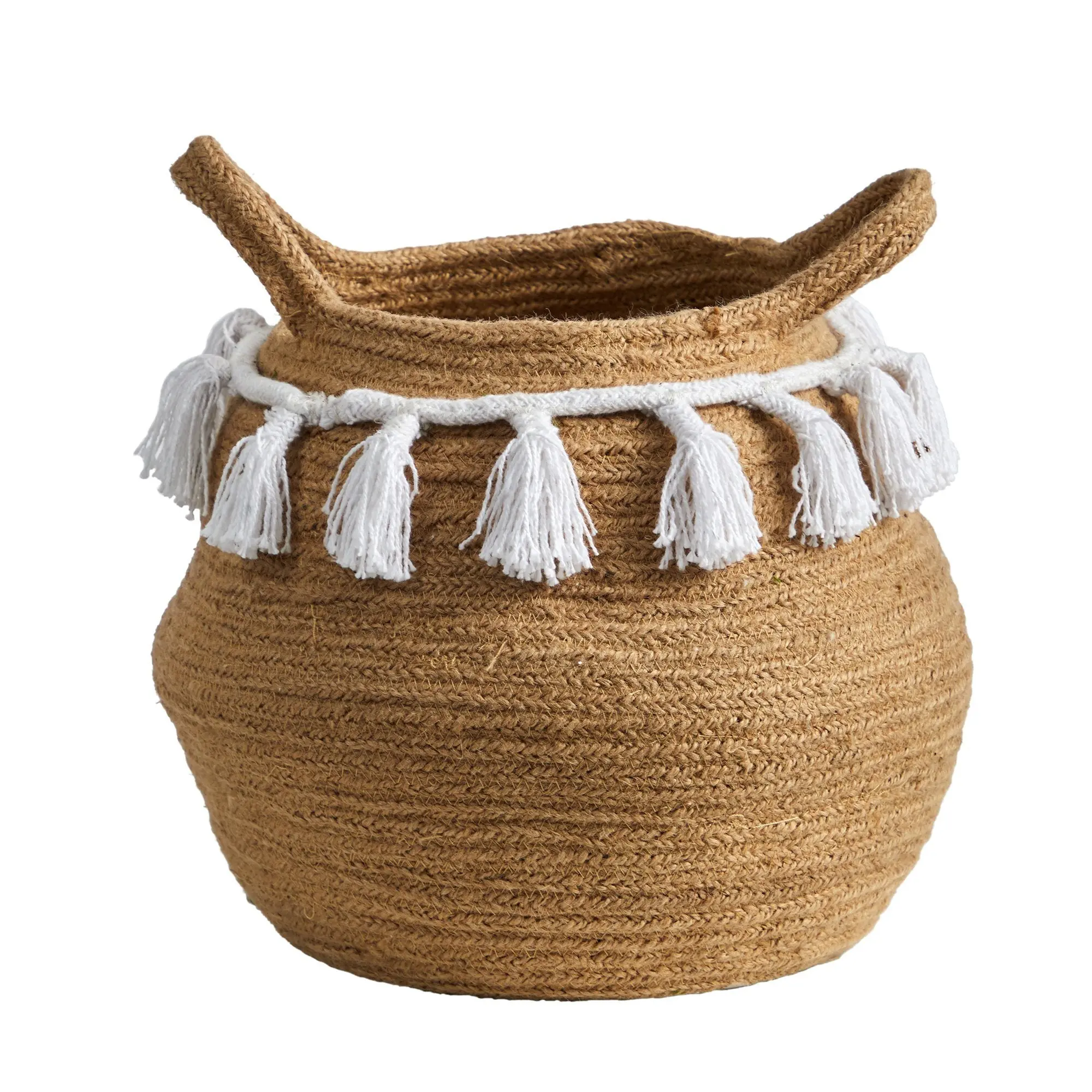 11” Handmade Natural Cotton Woven Planter - Modern Boho Chic, Tasseled Weaving Garden Container, California Coastal Decor for Container Gardening (No Drainage Hole), Tassels
