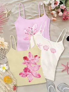 Women's Slim Fit Tank Top Sleeveless Spaghetti Strap 3 Pack, Fashion Floral Print, Adjustable Straps, Perfect All Season Versatile Piece, Casual Daily Wear Womenswear