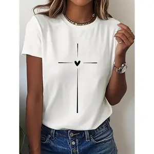 Cross Love Printed Casual Round Neck Short Sleeved T-Shirt for Women 100% Cotton Soft Comfy Tops Outfits for Spring Summer Clothes