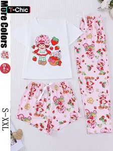 Women's Casual Cute Strawberry Print 3 Piece Pajama Set, Soft Short Sleeve Top & Relaxed Fit Shorts & Pants, Stylish Sleepwear for Everyday Wear and Festive Occasions