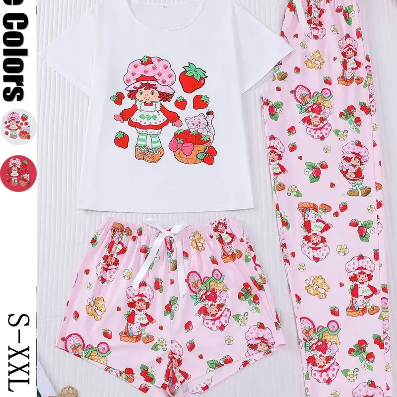 Women's Casual Cute Strawberry Print 3 Piece Pajama Set, Soft Short Sleeve Top & Relaxed Fit Shorts & Pants, Stylish Sleepwear Loungewear, Polyester Loungewear Set, for Everyday Wear and Festive Occasions, Pjs, Pajama Suit #GLOBAL PICKS