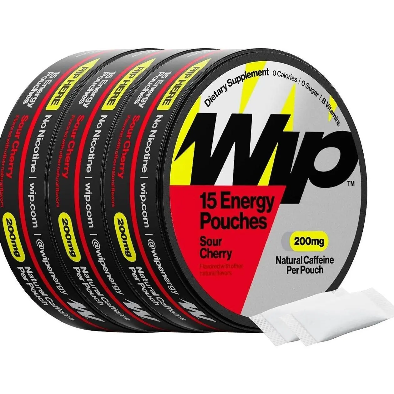 Wip Energy Pouches, Sugar Free Blend with 200 MG Natural Caffeine, B Vitamins, Minerals & L Theanine for Energy Support, Pre Workout for Active Lifestyles, Sour Cherry, 3 Cans, 15 Pouches per can