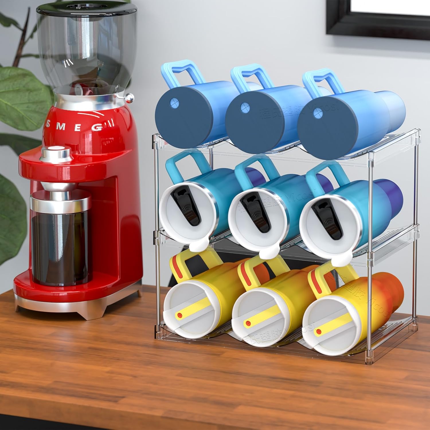 4 Tier Stackable Water Bottle Holder for Cabinet and Pantry- Large Compartment Water Bottle Organizer Rack for Wine Bottle and 40 oz Stanley Cup,Yeti and Tumbler Waterbottle Organizer Storage