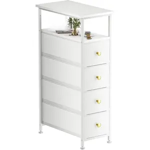 Narrow Dresser for Bedroom, End Table, Vertical Chest of Drawers with Shelf & 4 Drawers, Slim Dresser Storage Tower with Wood Top, Sturdy Frame, Leather Faux for Narrow Space, Bathroom&Laundry(White)