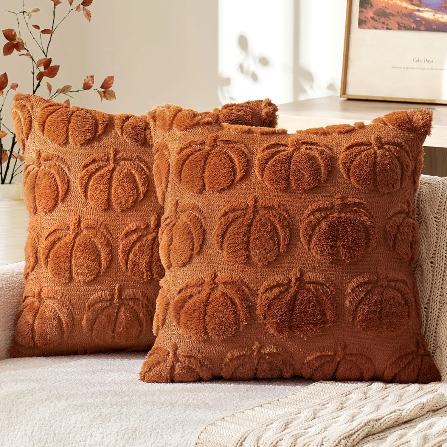 Set of 2 Pumpkin Fall Decorative Pillow Covers, Soft Plush Home Decorative Cushion Cases, Perfect for Autumn Harvest, Farmhouse Sofa Throw Pillows