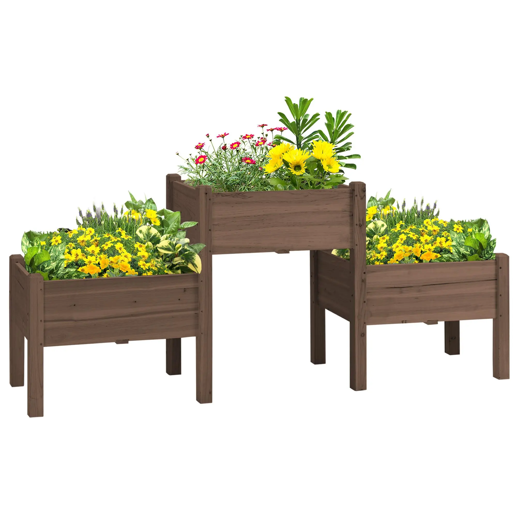 Outsunny Elevated Wooden Raised Garden Bed with 3 Stackable Planter Boxes, Outdoor Planters with Drainage Holes, Garden Accessories for Vegetables, Herbs, Gray, Stackable Vegetable Planters