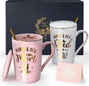 Fathers Day Gift for Dad from Daughter Son, Anniversary Mothersday Gift for Parents - 14Oz Grey Marble Coffee Mug with Gold Print, Funny Birthday Gifts from Kids Ceramic