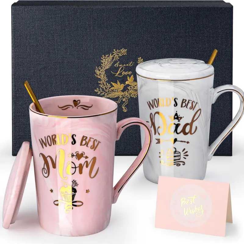 Fathers Day Gift for Dad from Daughter Son, Anniversary Mothersday Gift for Parents - 14Oz Grey Marble Coffee Mug with Gold Print, Funny Birthday Gifts from Kids Ceramic