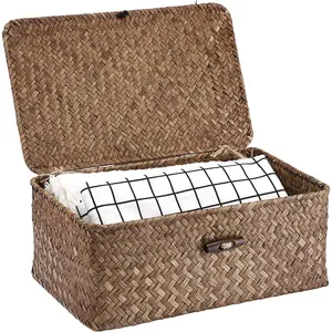 Wicker Shelf Baskets Bin with Lid, Handwoven Seagrass Basket Storage Bins Rectangular Household Basket Boxes for Shelf Wardrobe Home Organizer, Coffee Small
