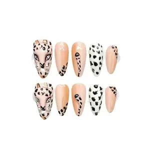 S14 Hand-worn nail hand-painted three-dimensional leopard leopard Meralde leopard print removable press on nails almond press nail  glue