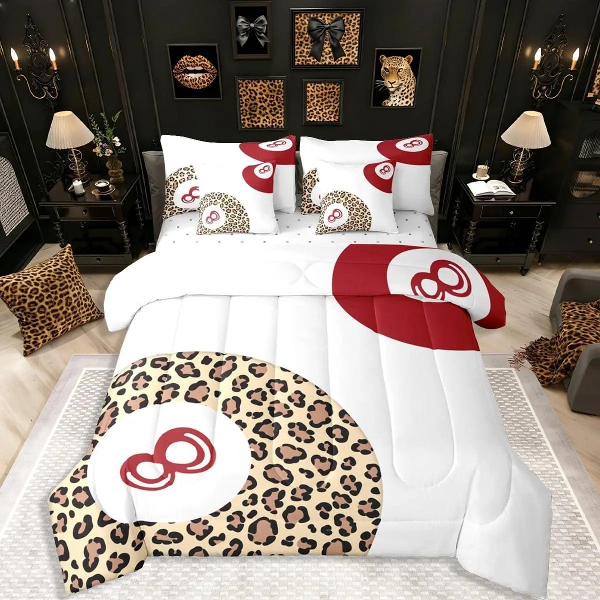 Feelyou Girls 7-Piece Bedding Set - Lucky 8 Ball, Y2K Funky Cheetah Leopard Coquette Preppy Trendy Design, Soft Breathable Sheet, Quilt Comforter Bedding Set, Bed Comforter Set