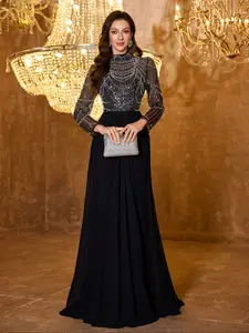 Elegant High Neck Long Sleeve Sequined Woven Chiffon Fitted Formal Evening Dress, Womenswear, Lady, Random Cutout Design, Perfect for Special Occasions