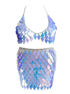 Tassel Bra Skirts Set Sequin Body Chain Bikini Rave Party Beach Festival Club Outfit for Women and Girls