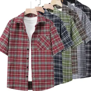 Retro plaid short-sleeve shirt with a turn-down collar, fashionable and versatile top, comfortable and breathable