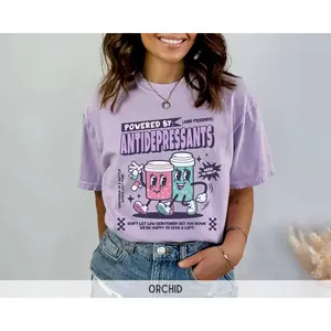 Comfort Colors Retro Powered By Antidepressants Shirt, Funny Mental Health Shirt, Cute Depression Shirt Anxiety Shirt Dark Humor Cotton Light