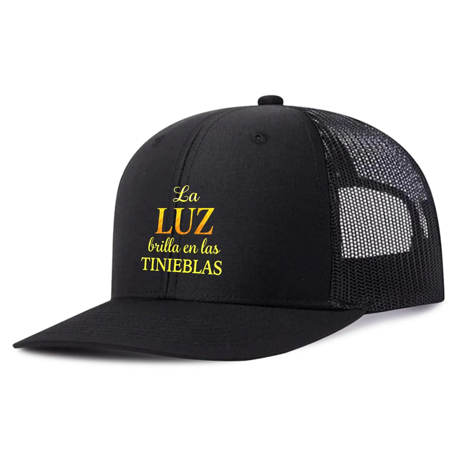 La Luz Brilla en las Tinieblas Spanish Christian Trucker Hat Adult Fit Con Dios Todo Posible" Baseball Cap - 100% Polyester, Breathable Mesh Back Black Cap