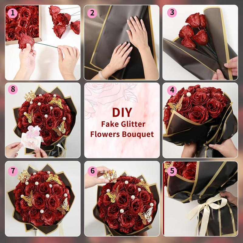 24Pcs DIY Glitter Roses Bouquet – Shiny Artificial Red Roses Bouquet Fake Rose Birthday，Anniversary, Engagement, Wedding, Gifts for Women DIY Decorations Gift Set