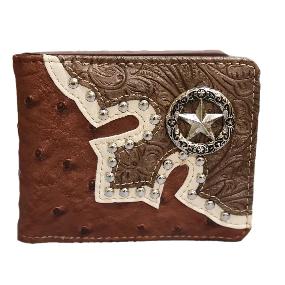 Men's Wallets western-style star concho wallet bi-fold short texas style wallet faux leather brown