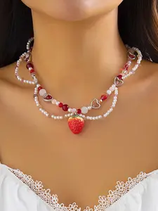 Sweet Strawberry Butterfly Necklace for Women, High-End Faux Pearl Fringe Pendant, Party Style, All Seasons, Metal Chain