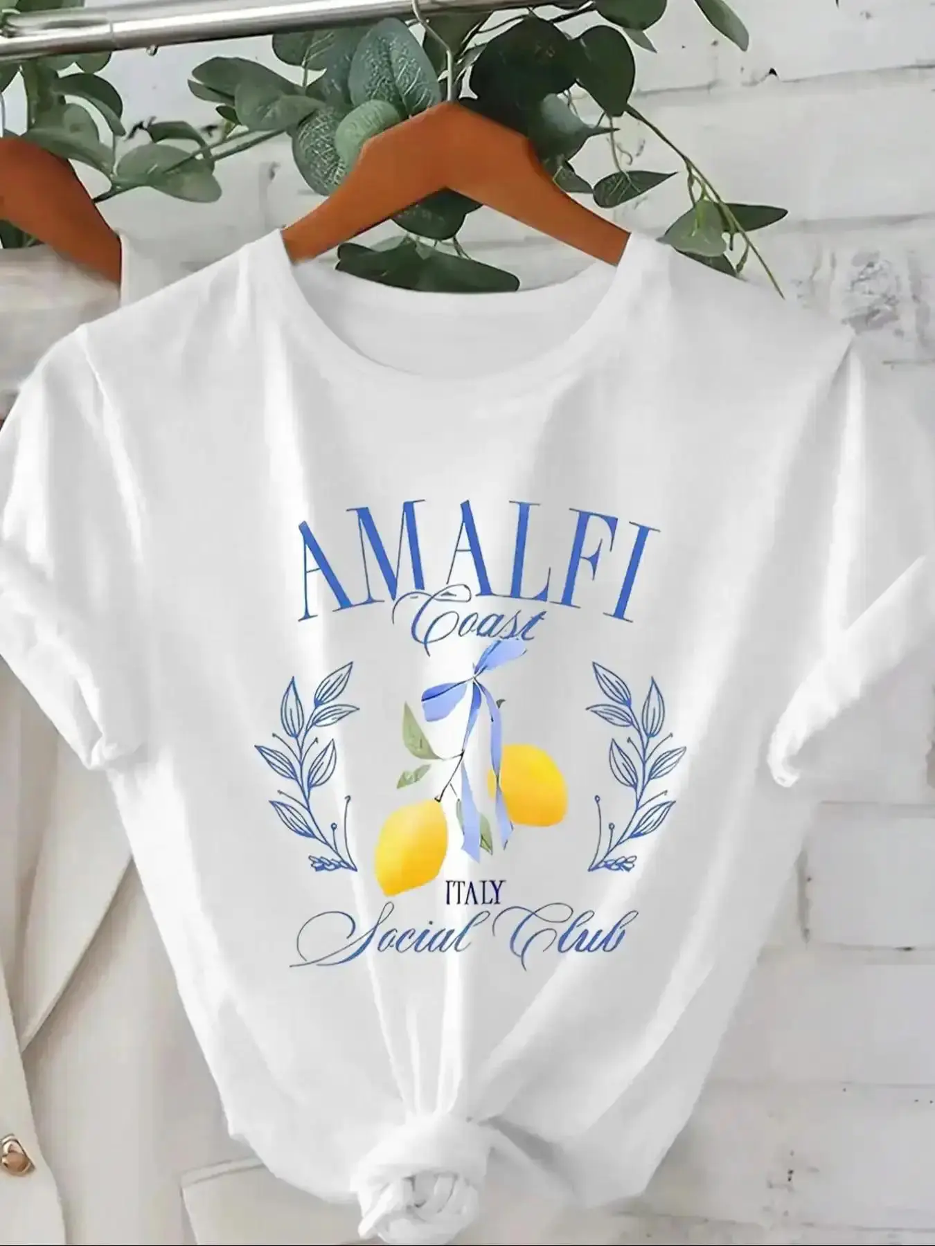 Women's Lemon & Letter Print Round Neck Tee, Casual Short Sleeve T-shirt for Summer, Ladies Clothes for Daily Wear
