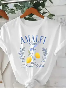 Women's Lemon & Letter Print Round Neck Tee, Casual Short Sleeve T-shirt for Summer, Ladies Clothes for Daily Wear