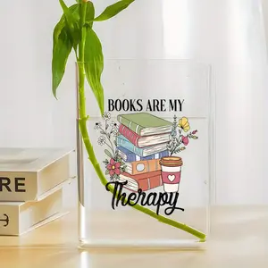 1pc Acrylic Book Vase - "Books Are My Relax" Design, High-Quality Transparent Rectangular Vase with Floral & Book Stack Illustration, Durable & Unbreakable for Home, Office, or Bedroom Decor, Perfect Gift for Book Lovers, Book Decor