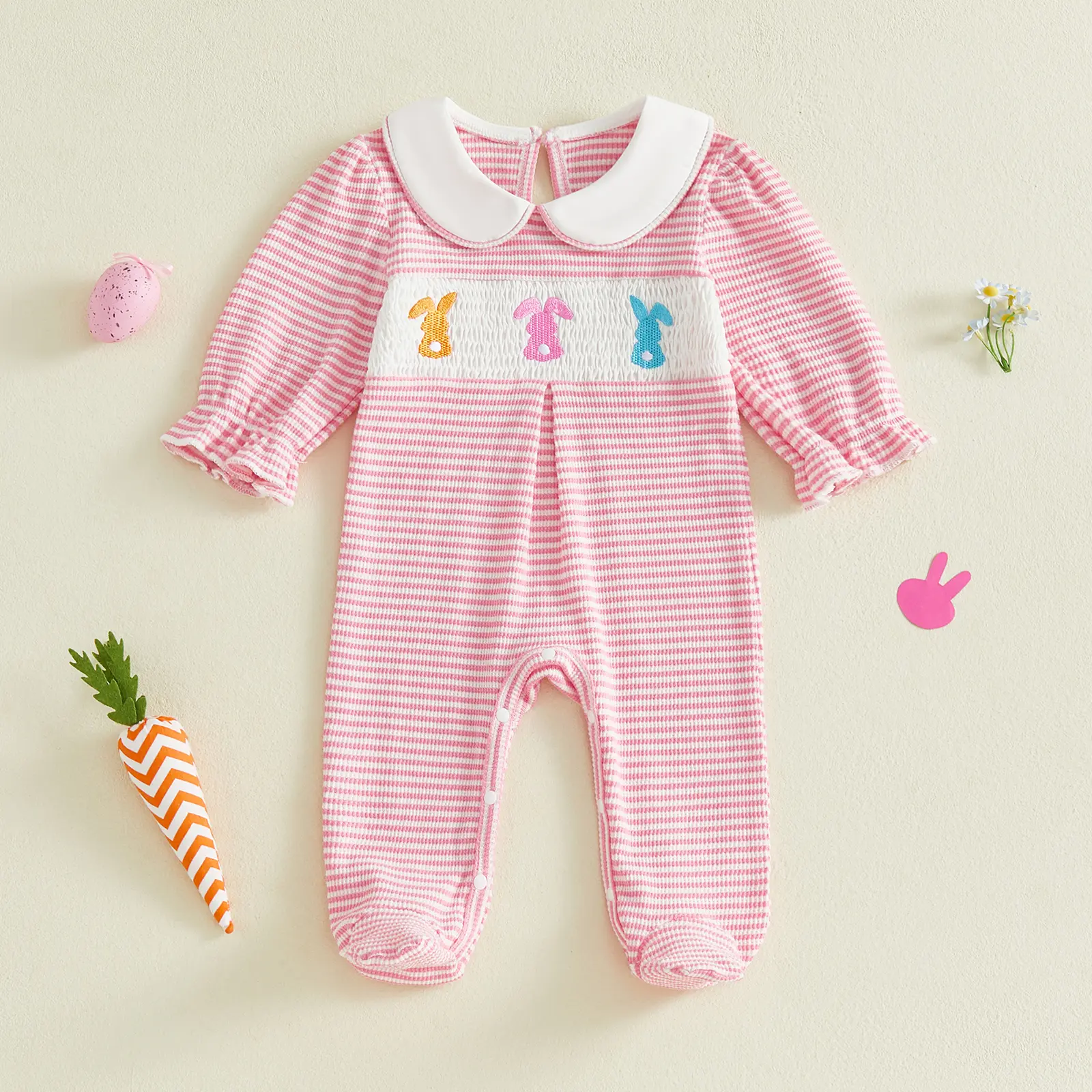 Infant Baby Girls Footed Rompers Easter Clothes Rabbit Embroidery Waffle Stripe Long Sleeve Bodysuits Jumpsuits 0-18 Months