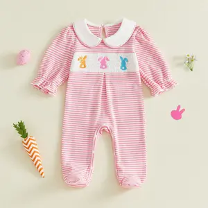 Infant Baby Girls Footed Rompers Easter Clothes Rabbit Embroidery Waffle Stripe Long Sleeve Bodysuits Jumpsuits 0-18 Months