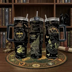 Dragon Map Inspired FW Vintage Novel 40oz Tumbler With Handle, Bookish Stainless Steel Travel Mug, Fantasy Bookish Mug, Insulated Travel Tumbler, Book Lover Gift
