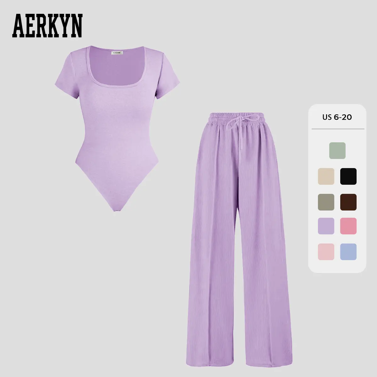 Women's Minimalist Square Neck Shaping Bodysuit & High Waist Wide Leg Pockets Trousers Co-ord, Short Sleeve Shapewear, Soft Two-Piece Outfit (US)