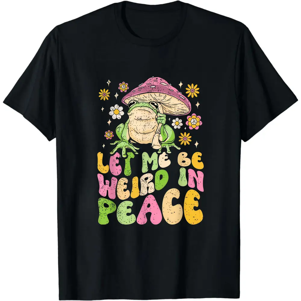 Let Me Be Weird In Peace Cute Goblincore Frog T-Shirt - Unisex Adult Retro Graphic Tee with Whimsical Frog & Mushroom Design, 220gsm Heavyweight Pure, with Multicolor Print, All-Season Casual Wea, PLUS SIZE