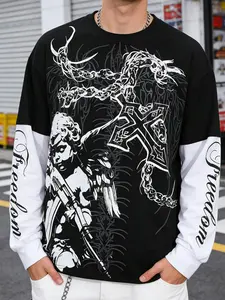 Men's Casual Knitted Mock Two-Piece Long Sleeve Round Neck T-Shirt, Angel Gun Chain Cross Design, Streetwear Fashion Comfortable Fabric, Knitwear, Relaxed Fit