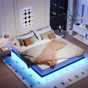 King Size Floating Bed Frames with LED Lights, Heavy Duty Steel Slats and 4 Mattress Slide Stopper, Metal Platform Bed Frame, Solid and Stable, Noise Free, No Box Spring Needed, Easy Assembly, Black (King)